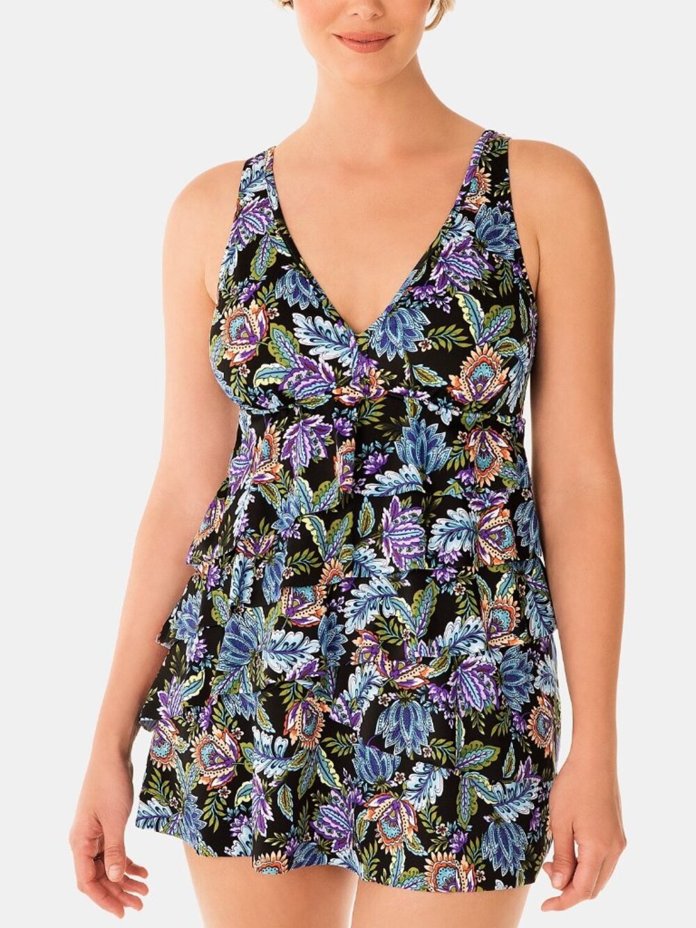 Swim Solutions Womens Boho Play V neck Ruffle Swim Dress